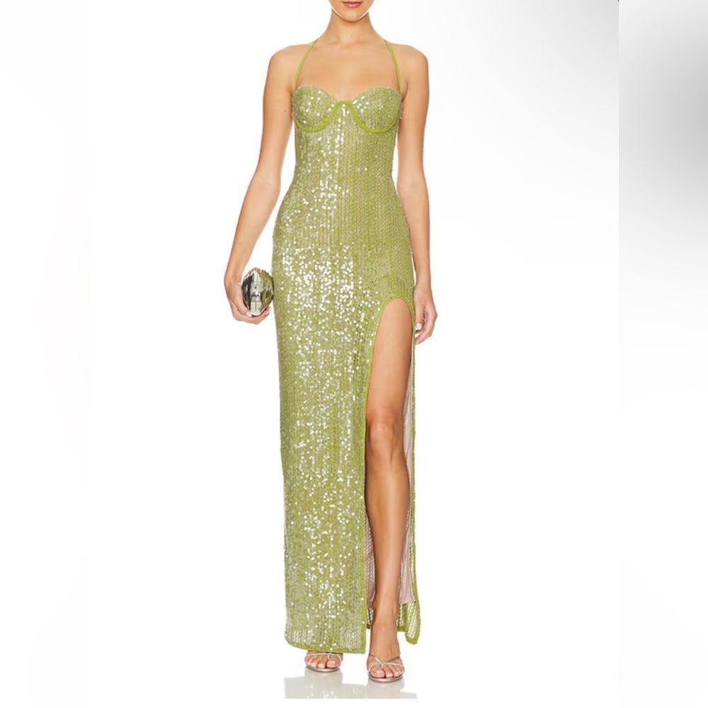 Camila Coelho Lime Green Sequin Maxi Dress with Thigh Slit